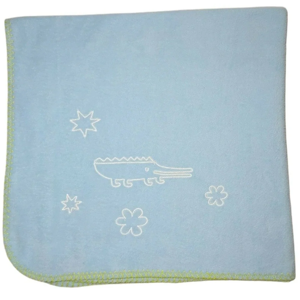 IKEA Blue Fleece Crocodile Blanket Green Stitch Edge White Flower Security Lovey